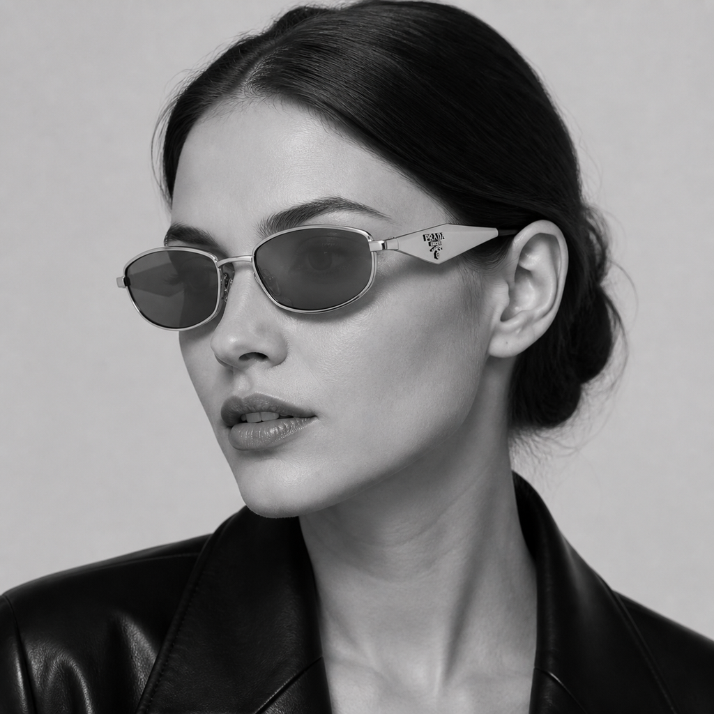 Adult model wearing Silver Prada Women's Silver Geometric Metal Sunglasses, lifestyle view 1