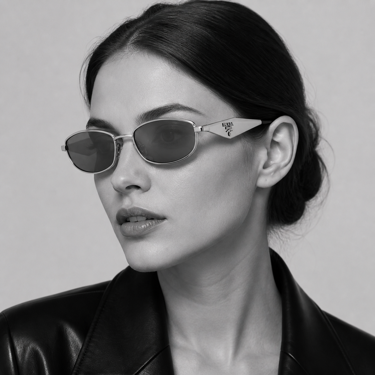 Adult model wearing Silver Prada Women's Silver Geometric Metal Sunglasses, lifestyle view 1