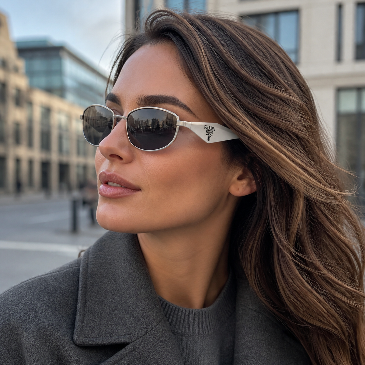 Adult model wearing Silver Prada Women's Silver Geometric Metal Sunglasses, lifestyle view 2