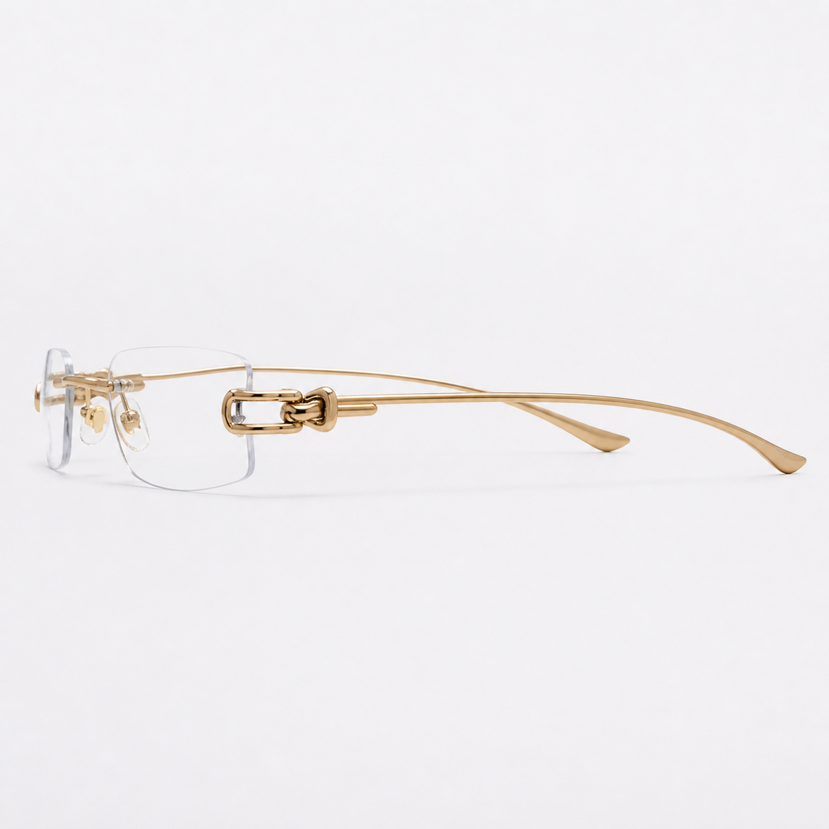 Gold unisex pure titanium rimless narrow rectangular glasses, side product view