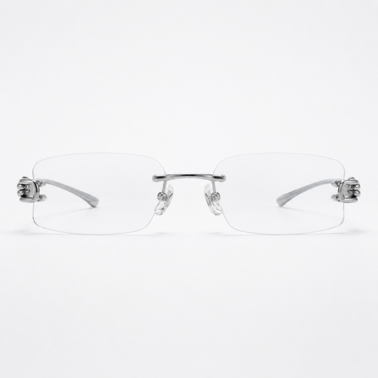 Silver unisex pure titanium rimless narrow rectangular glasses, front product view