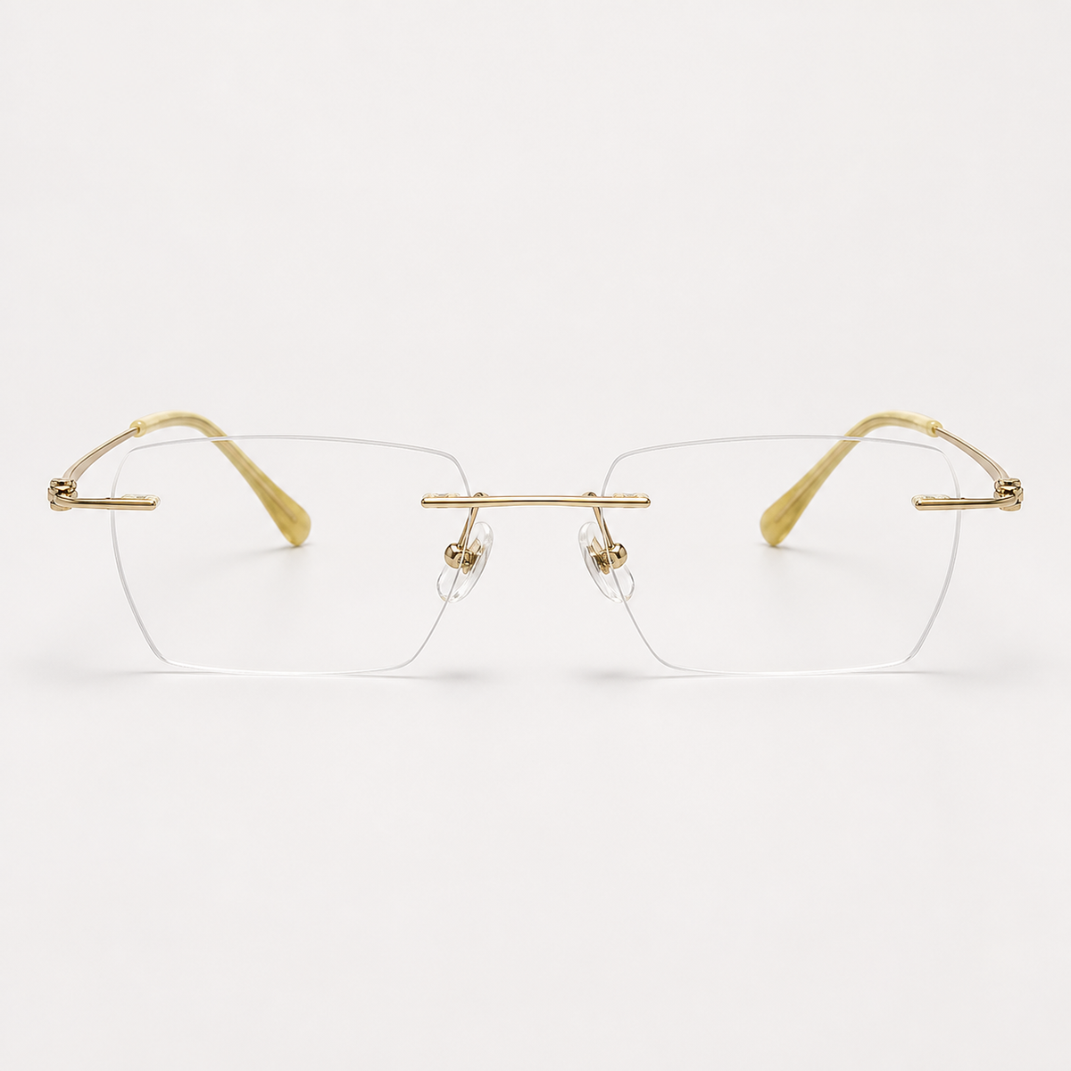 Gold men's pure titanium and lightweight acetate rimless geometric glasses, front product view
