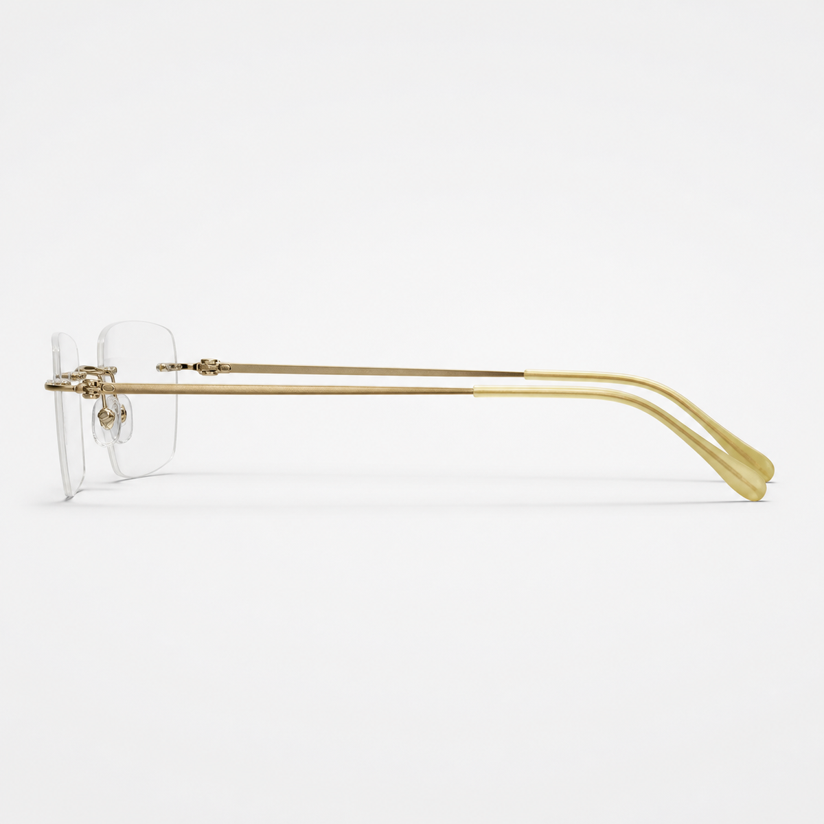 Gold men's pure titanium and lightweight acetate rimless geometric glasses, side product view