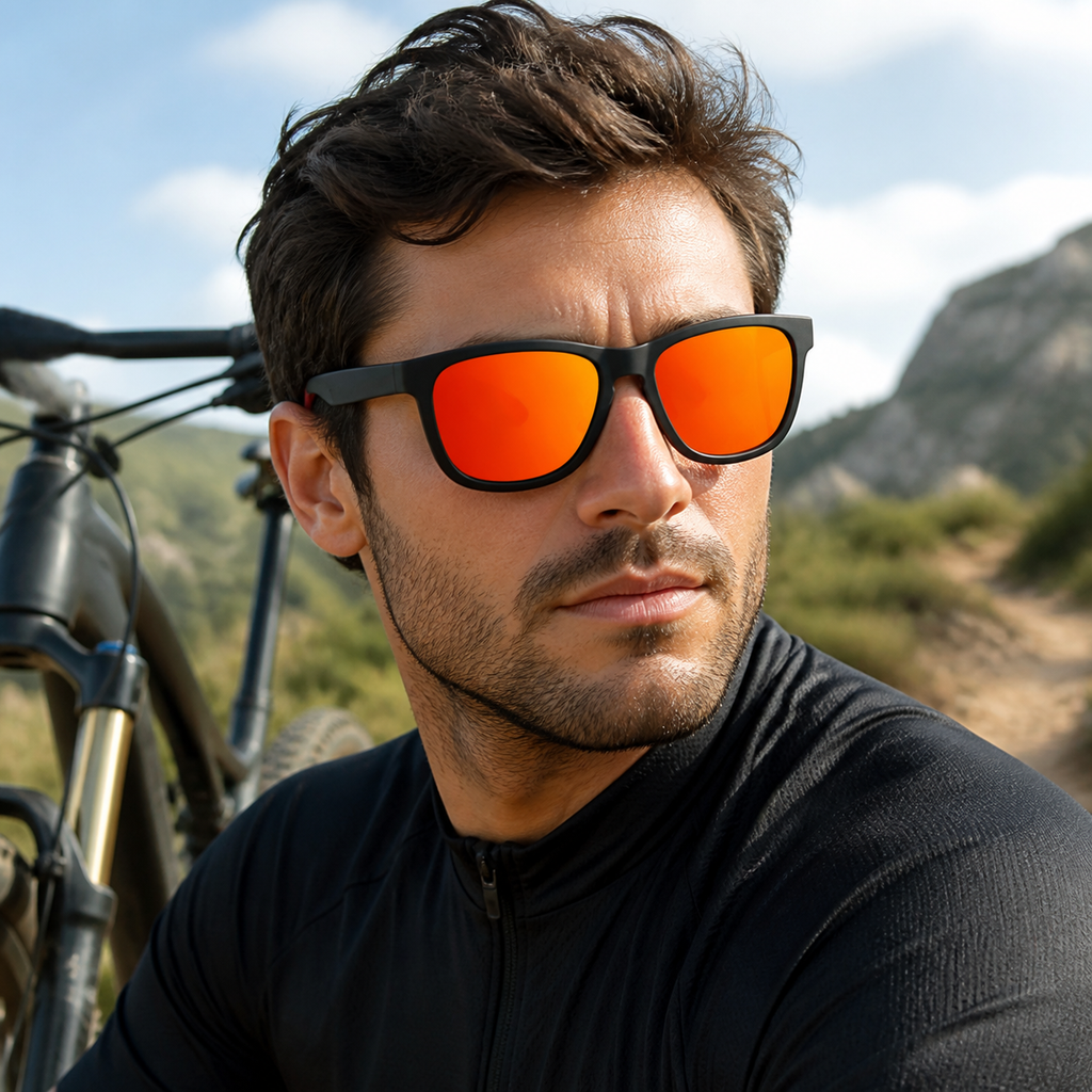 Adult model wearing Black Pro Men’s Square Polarized UV400 Running Cycling Sports Sunglasses, lifestyle view 1