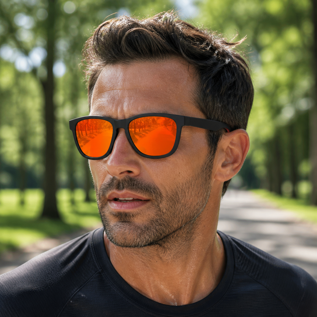 Adult model wearing Black Pro Men’s Square Polarized UV400 Running Cycling Sports Sunglasses, lifestyle view 2