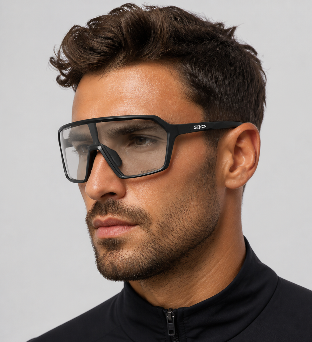 Matte Black Frame/Photochromic Grey Lens Unisex TR90 Photochromic Cycling Sunglasses, worn by an adult model, alternate fit
