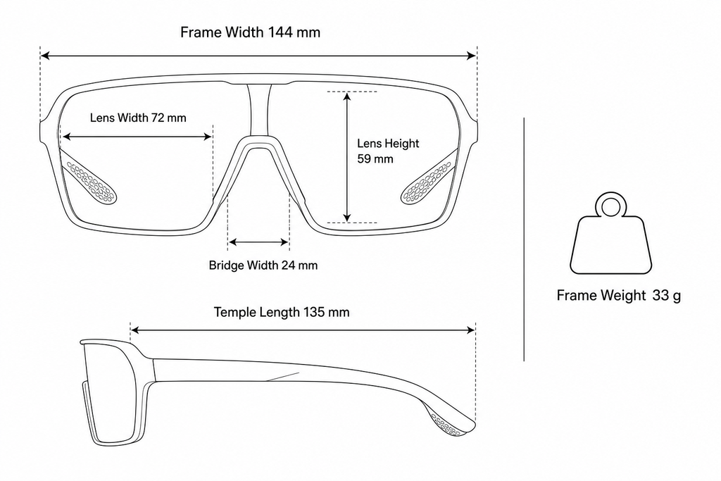Unisex TR90 Photochromic Cycling Sunglasses frame measurements and weight guide