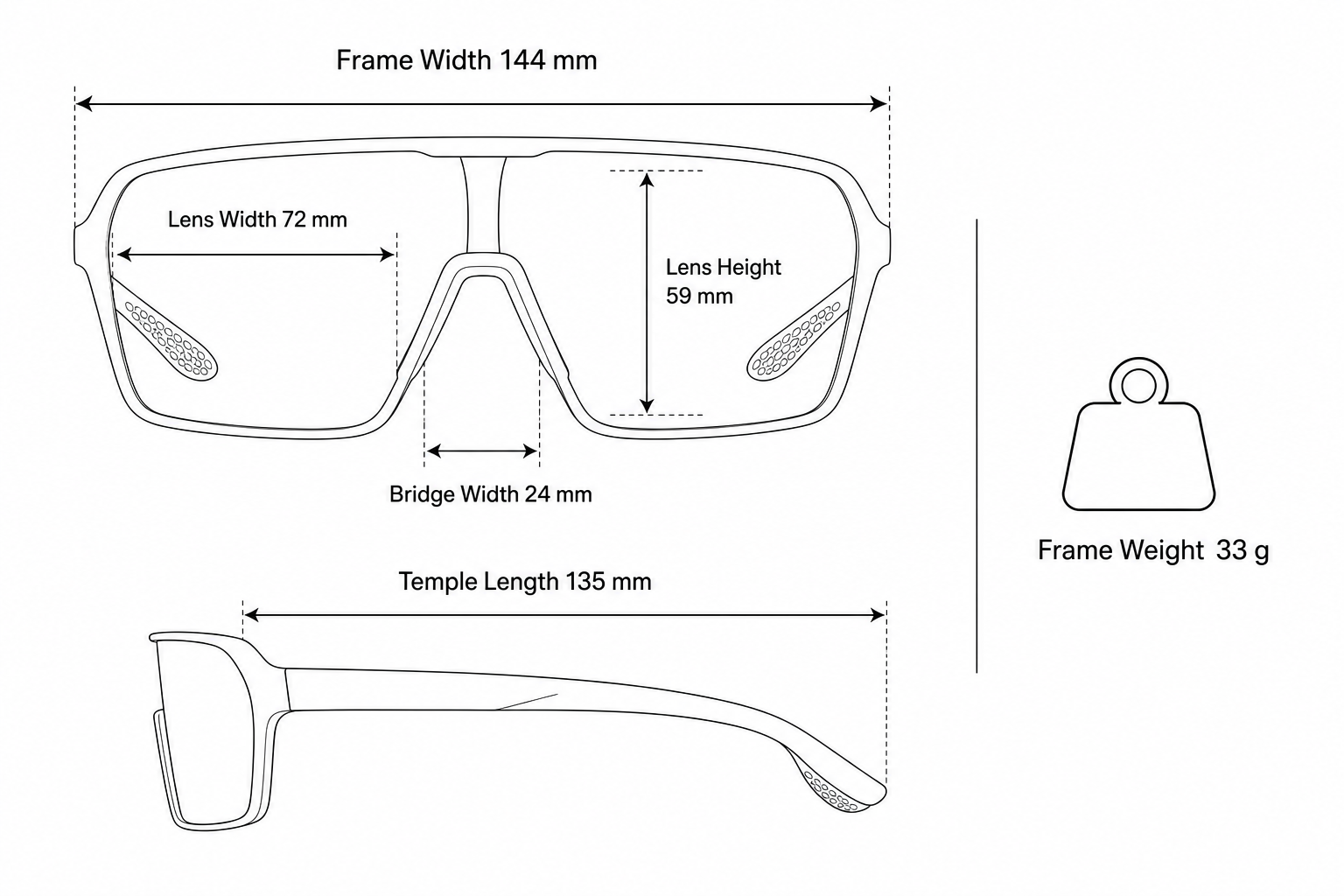 Unisex TR90 Photochromic Cycling Sunglasses frame measurements and weight guide