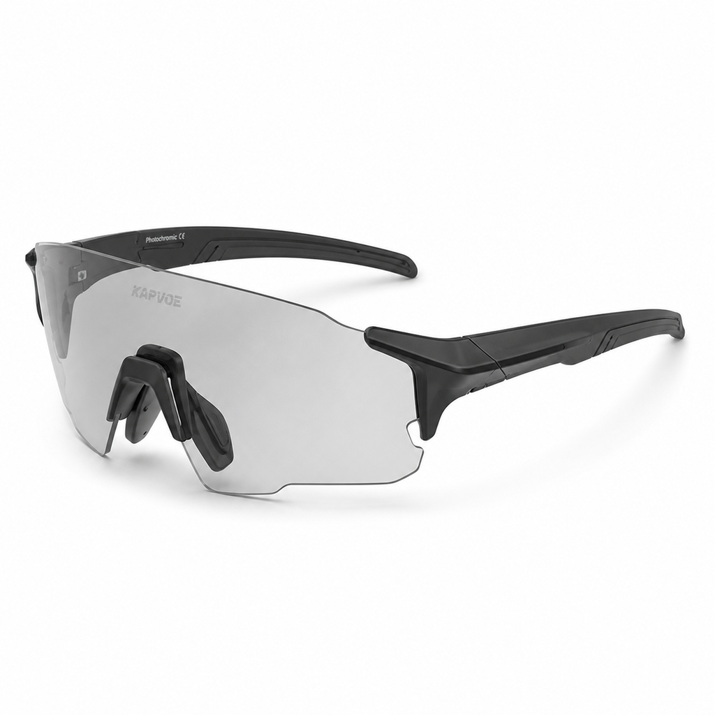 Black Frame/Photochromic Grey Lens Unisex TR90 Dustproof Photochromic Shield Cycling Glasses, 45-degree product view
