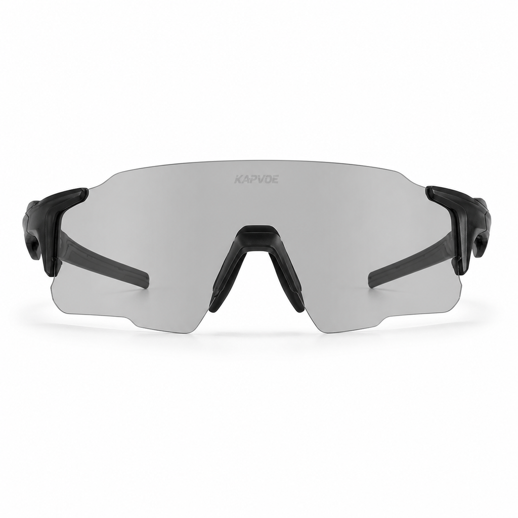 Black Frame/Photochromic Grey Lens Unisex TR90 Dustproof Photochromic Shield Cycling Glasses, clean front product view