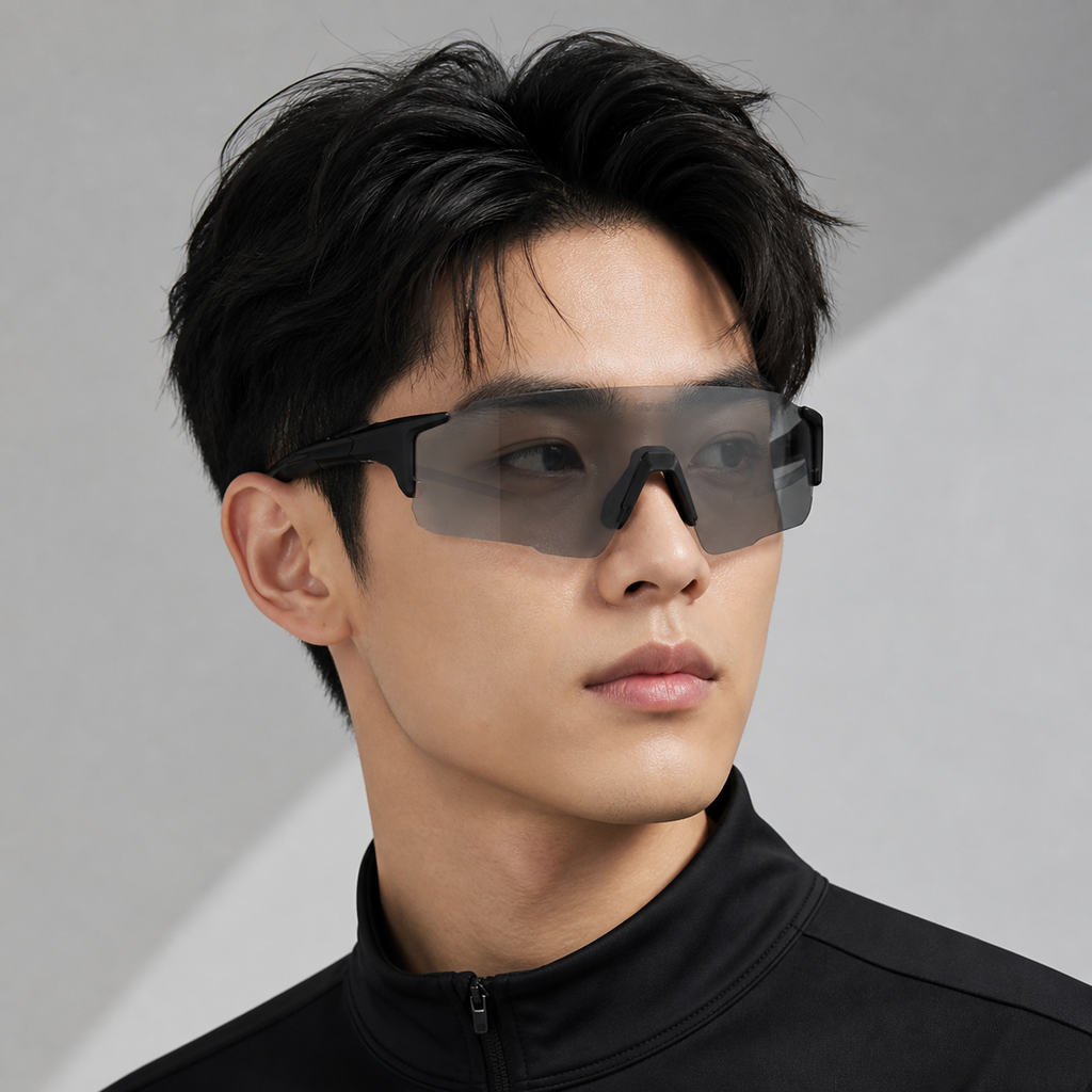 Black Frame/Photochromic Grey Lens eyewear, worn by an adult model, front fit