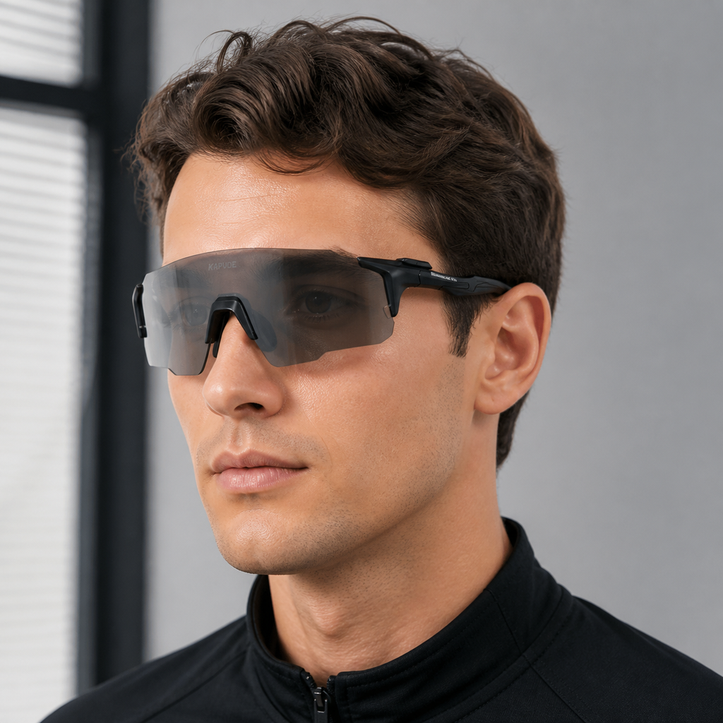Black Frame/Photochromic Grey Lens eyewear, worn by an adult model, alternate fit