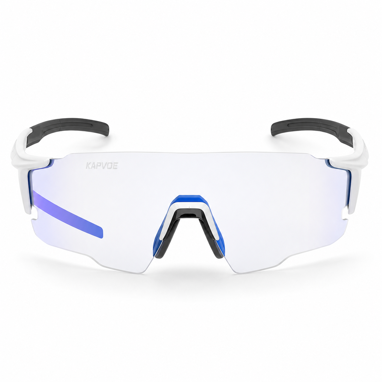 White/Black Frame/Photochromic Blue Lens Unisex TR90 Dustproof Photochromic Shield Cycling Glasses, clean front product view