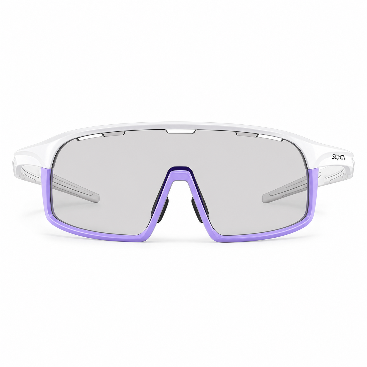 Glossy White/Purple Frame/Photochromic Grey Lens eyewear, clean front product view