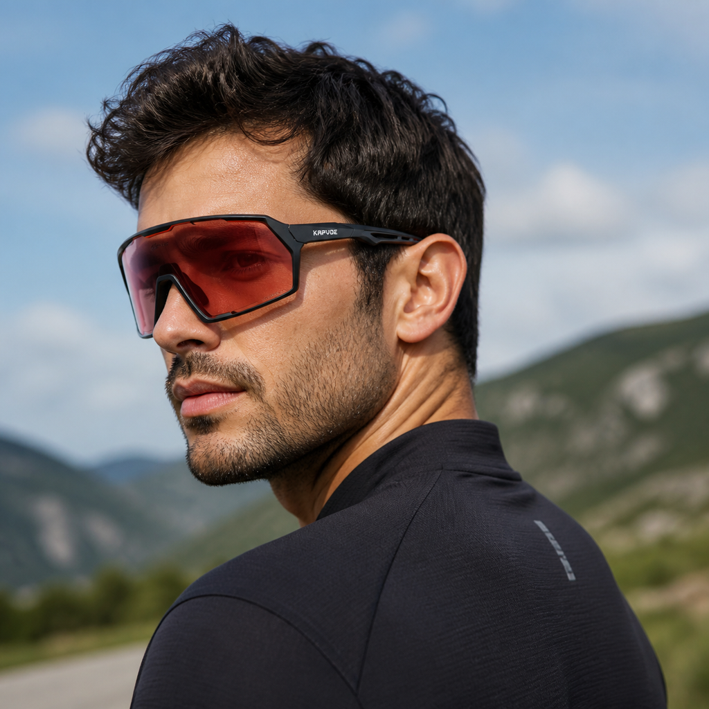 Adult model wearing Black Frame/Photochromic Red Lens Protective Windproof Outdoor Sports Glasses, lifestyle view 2