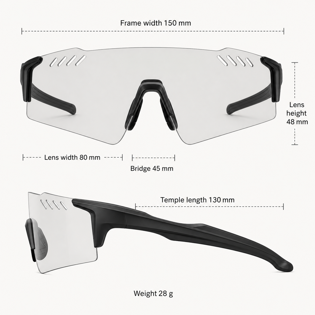 Black Frame/Photochromic Grey Lens Protective Windproof Sports Sunglasses measurement size guide
