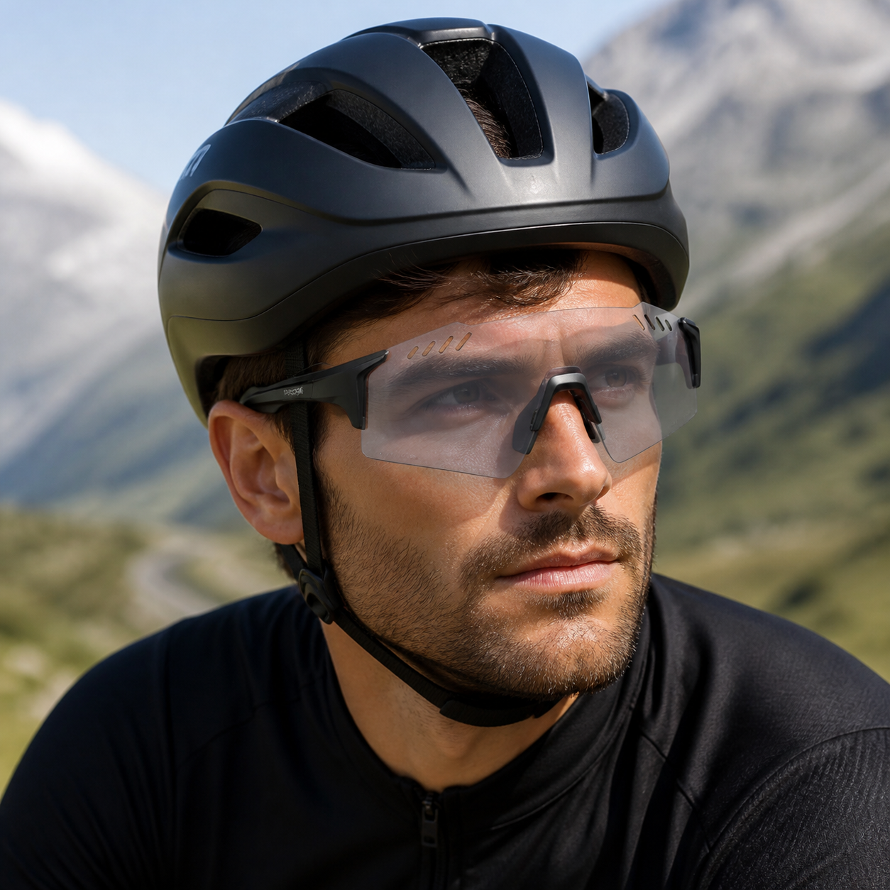 Adult model wearing Black Frame/Photochromic Grey Lens Protective Windproof Sports Sunglasses, lifestyle view 1
