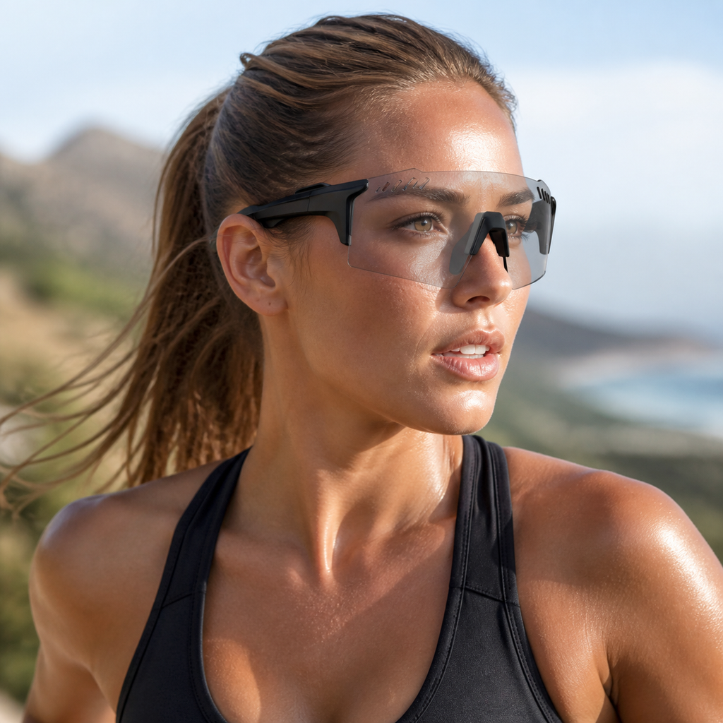 Adult model wearing Black Frame/Photochromic Grey Lens Protective Windproof Sports Sunglasses, lifestyle view 2