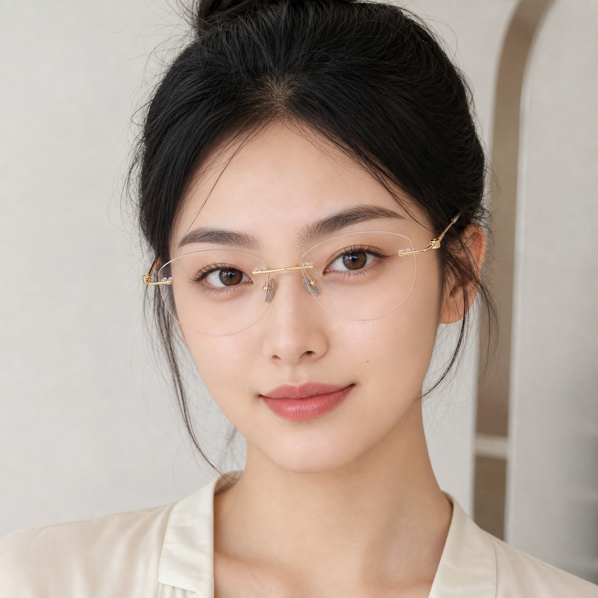 Gold Women's Pure Titanium Rimless Butterfly Glasses, worn by an adult model, front fit