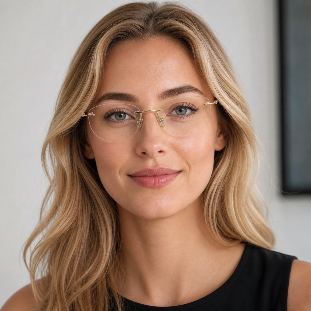 Gold Women's Pure Titanium Rimless Butterfly Glasses, worn by an adult model, alternate fit