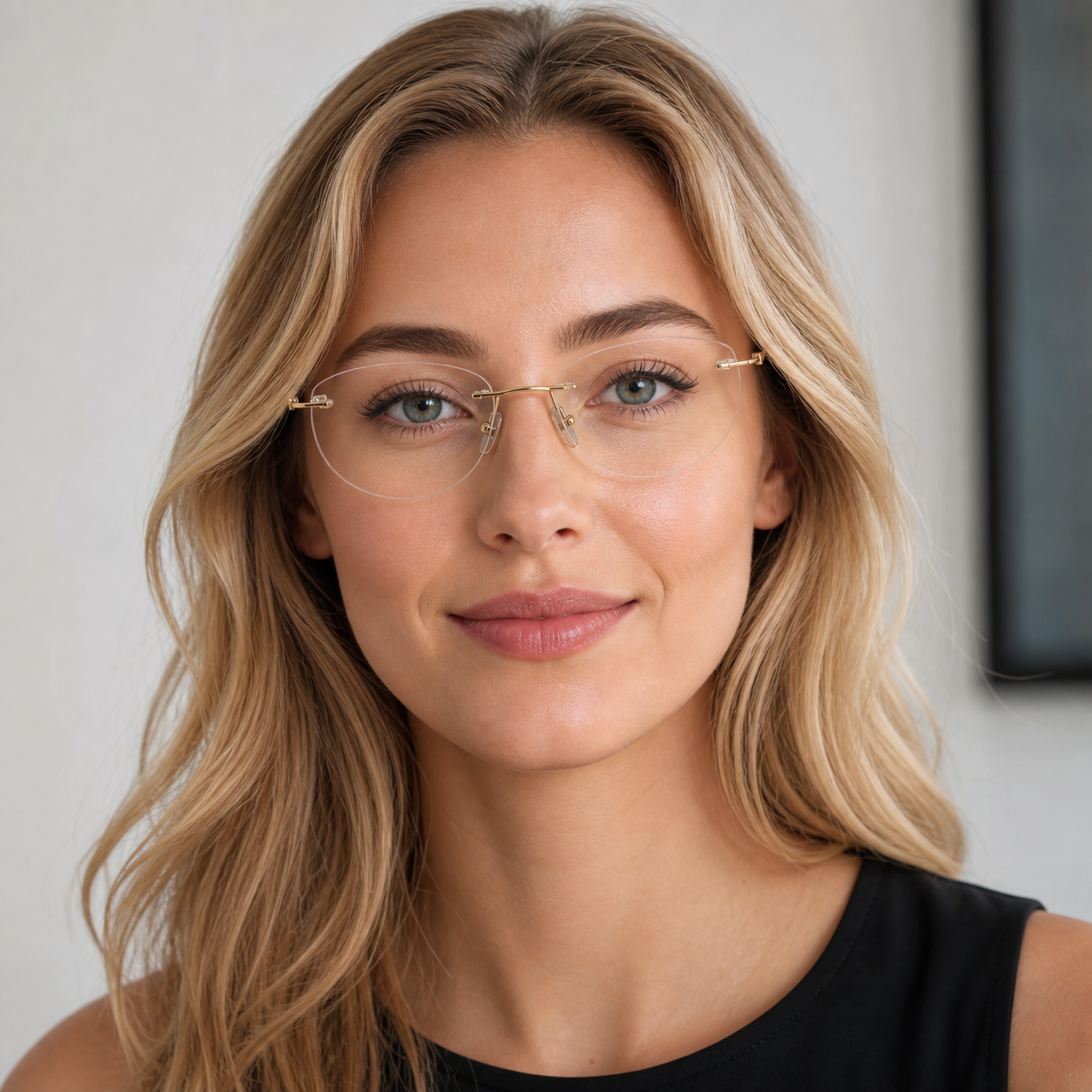 Gold Women's Pure Titanium Rimless Butterfly Glasses, worn by an adult model, alternate fit