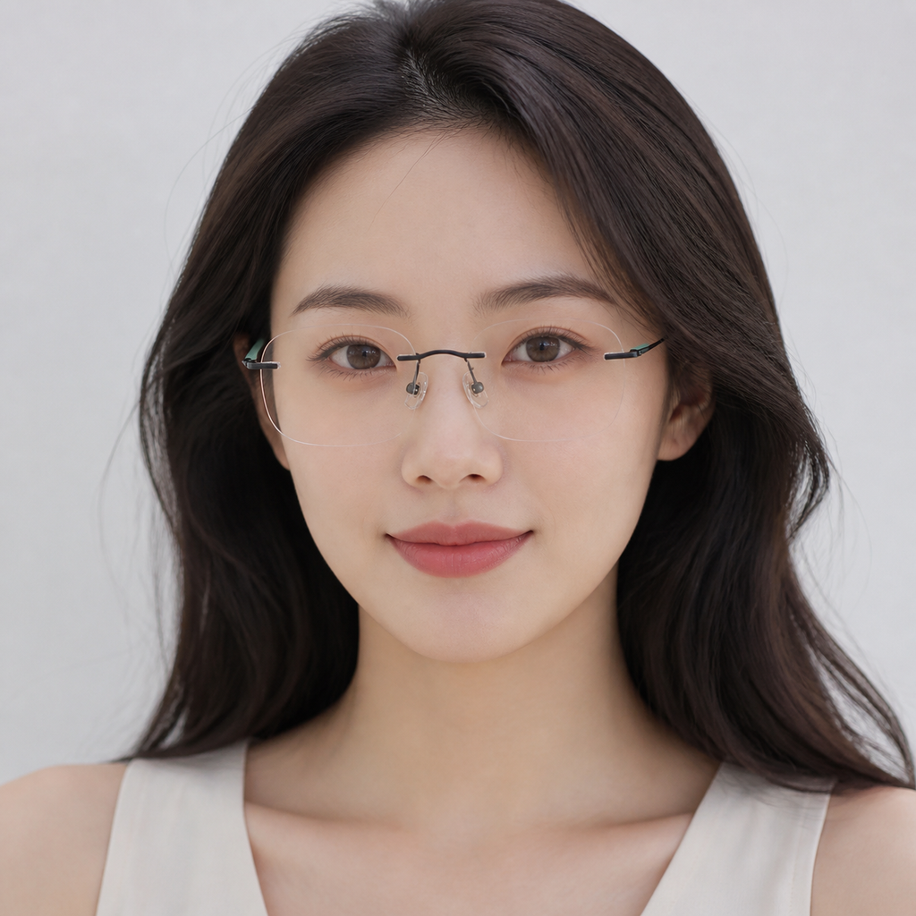 Unisex Pure Titanium Rimless Soft-Rectangle Glasses, worn by an adult model, front fit