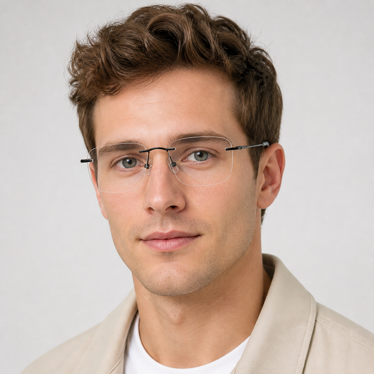 Unisex Pure Titanium Rimless Soft-Rectangle Glasses, worn by an adult model, alternate fit