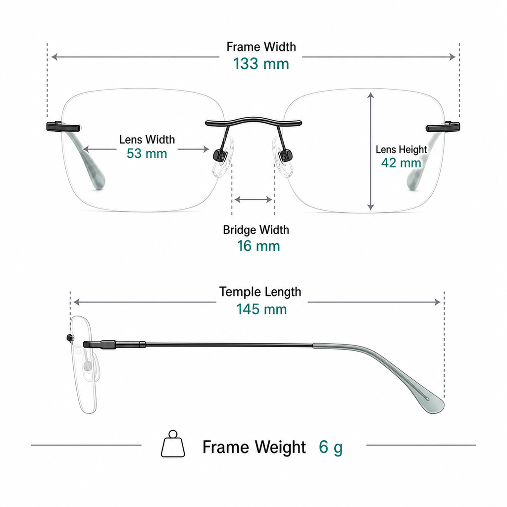 Unisex Pure Titanium Rimless Soft-Rectangle Glasses frame measurements and weight guide