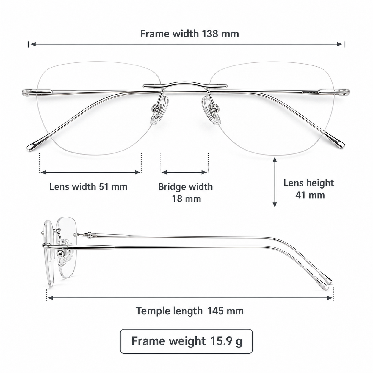 Silver Unisex Titanium Rimless Rectangular Glasses measurement size guide