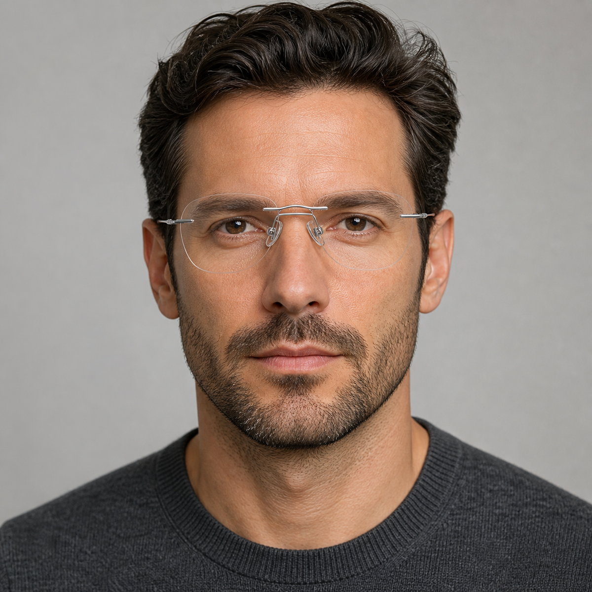 Adult model wearing Silver Unisex Titanium Rimless Rectangular Glasses, lifestyle view 2