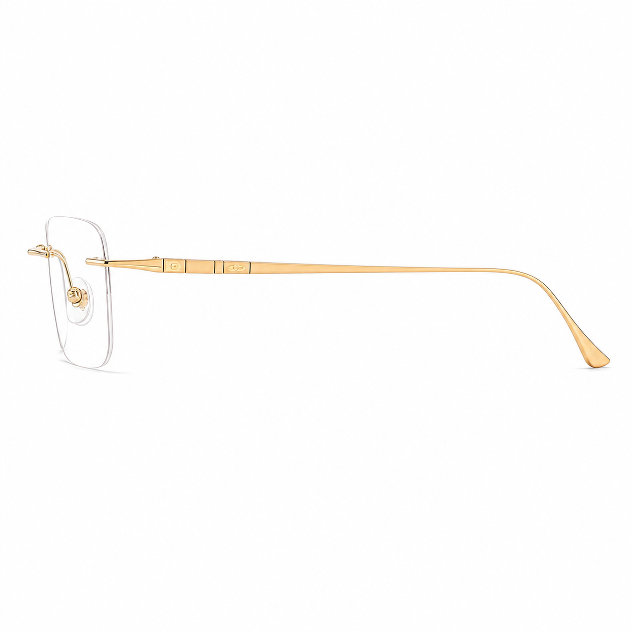 Gold Men's Rectangular Titanium-Blend Rimless Glasses, side temple view