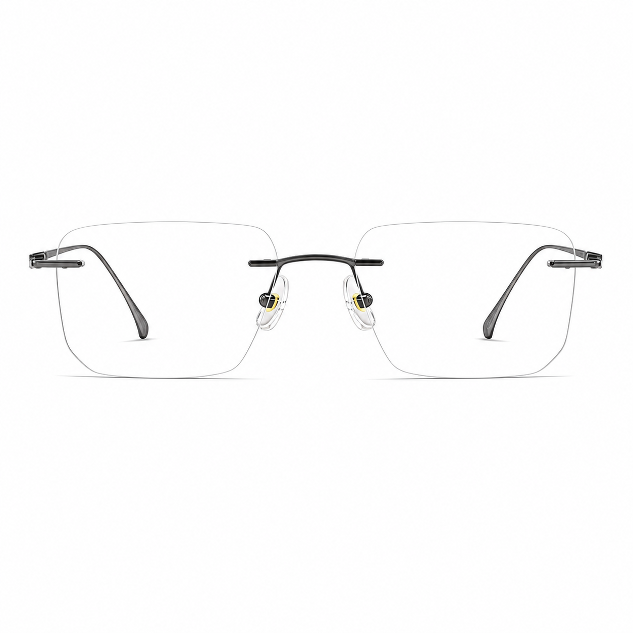 Gunmetal Men's Rectangular Titanium-Blend Rimless Glasses, clean front view