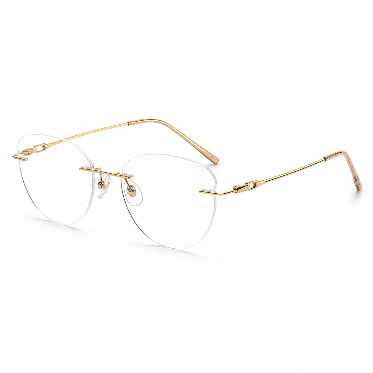 Gold Women's Oval Titanium Rimless Glasses, 45-degree view
