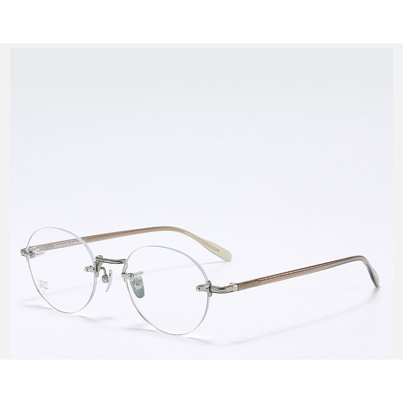 Antique Bronze/Brown Women's Titanium-Acetate Rimless Rounded Glasses, 45-degree product view