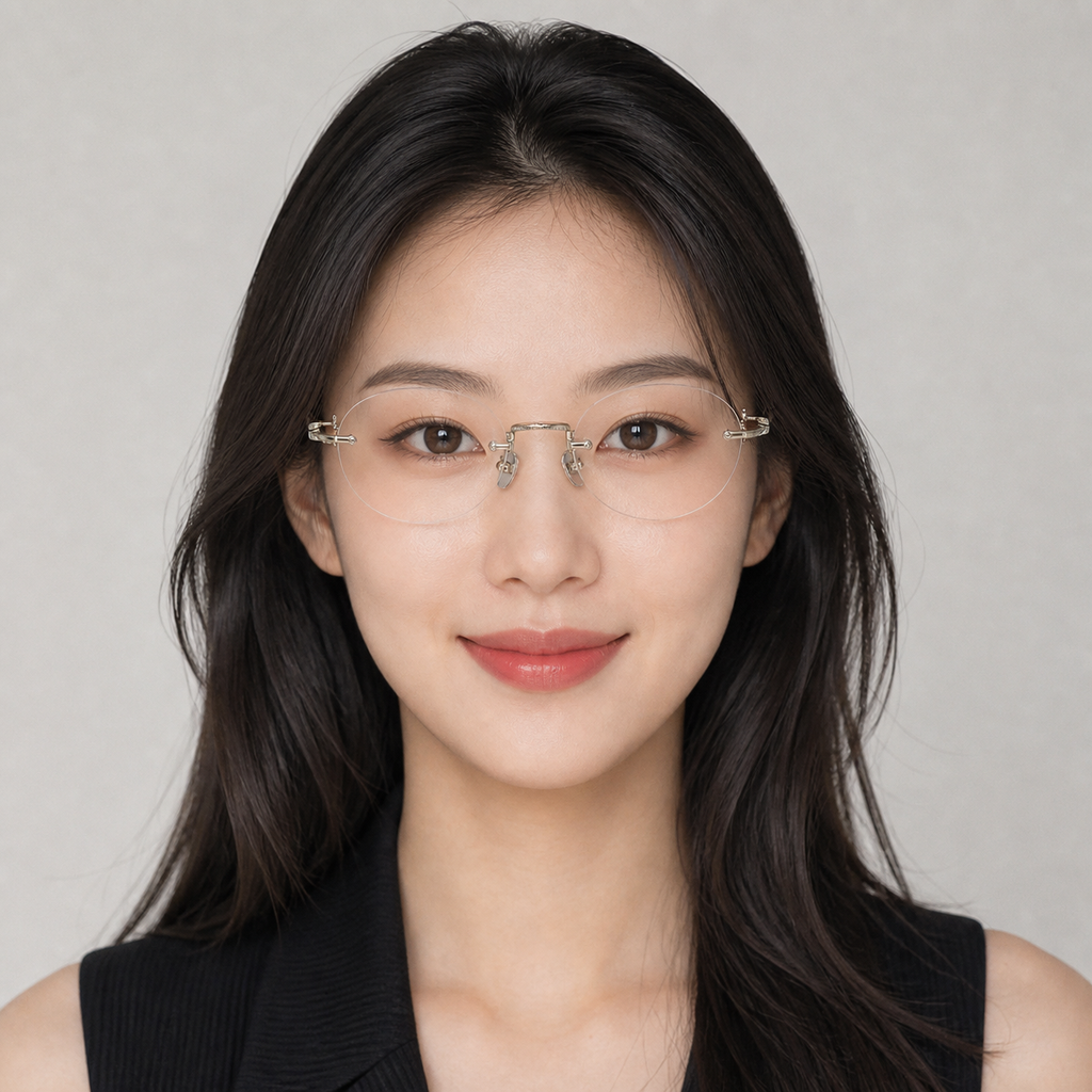 Antique Bronze/Brown Women's Titanium-Acetate Rimless Rounded Glasses, worn by an adult model, front fit