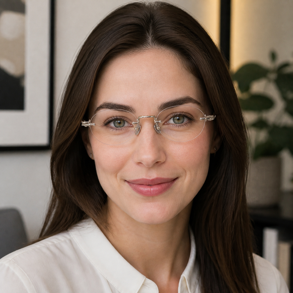 Antique Bronze/Brown Women's Titanium-Acetate Rimless Rounded Glasses, worn by an adult model, alternate fit