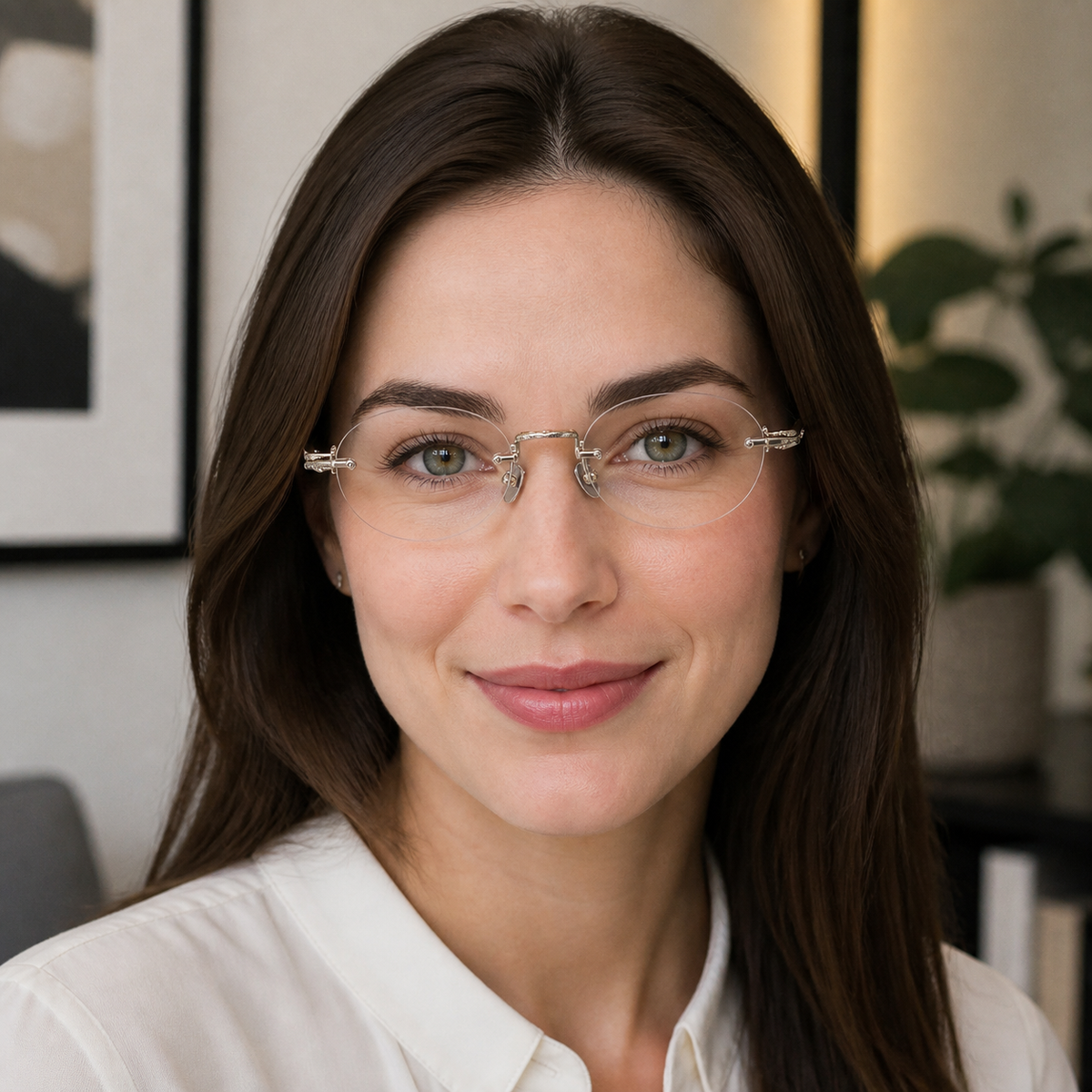 Antique Bronze/Brown Women's Titanium-Acetate Rimless Rounded Glasses, worn by an adult model, alternate fit