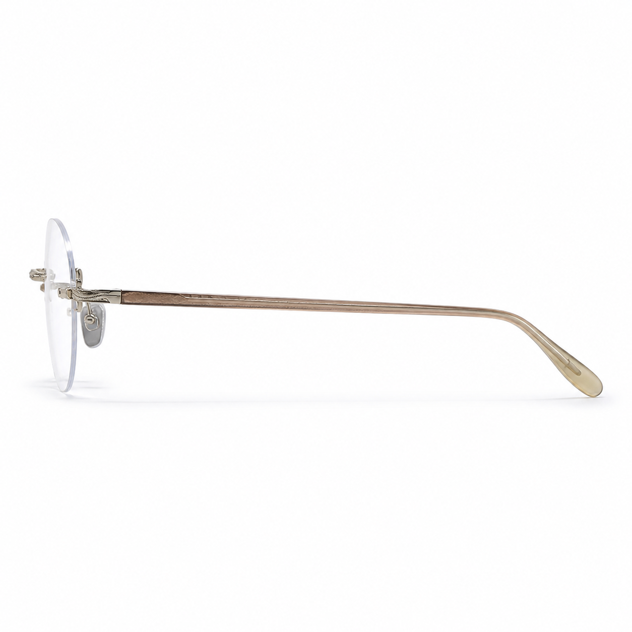Antique Bronze/Brown Women's Titanium-Acetate Rimless Rounded Glasses, side temple product view