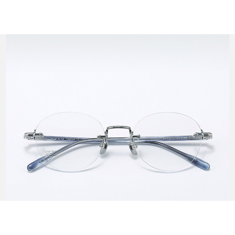 Silver/Crystal Blue Grey Women's Titanium-Acetate Rimless Rounded Glasses, clean front product view