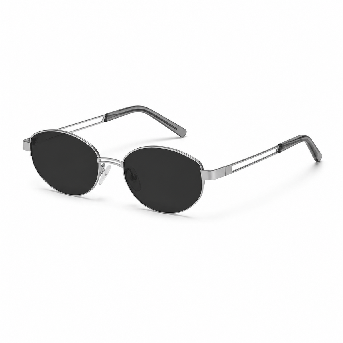 Black and Silver women's small metal oval UV400 sunglasses, 45-degree product view