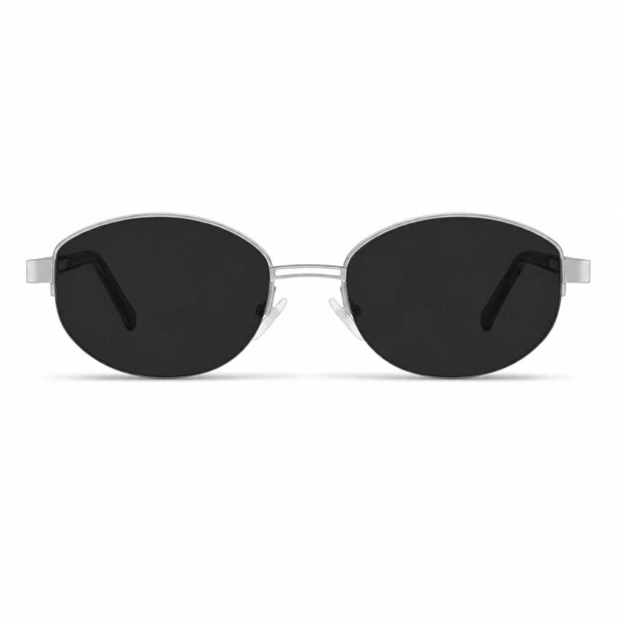 Black and Silver women's small metal oval UV400 sunglasses, front product view