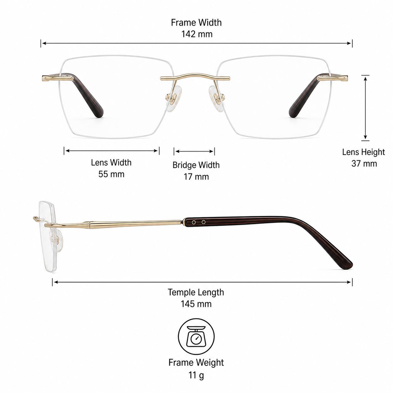 Gold Sophisticated Professional Rimless Eyeglasses measurement size guide
