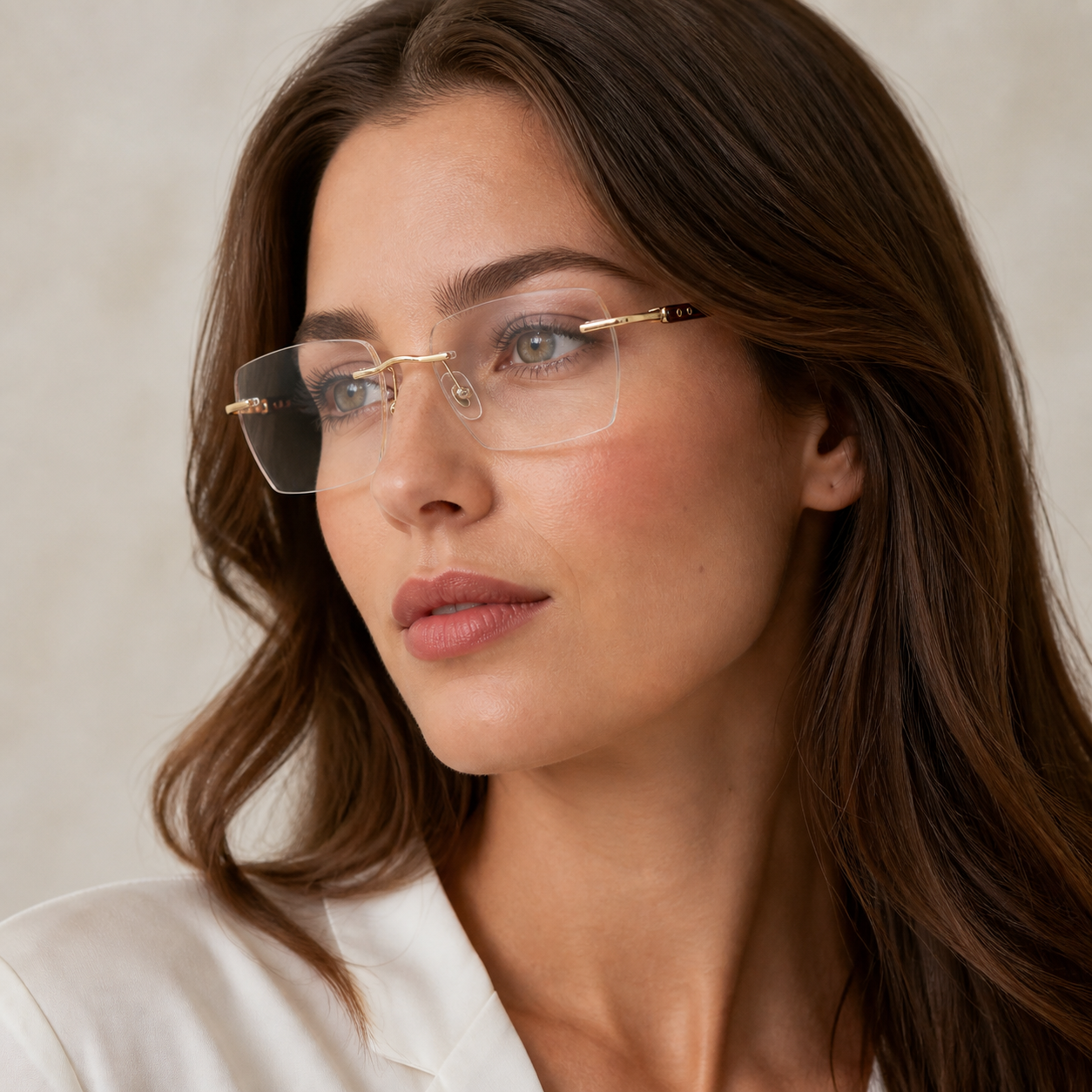 Adult model wearing Gold Sophisticated Professional Rimless Eyeglasses, lifestyle view 2