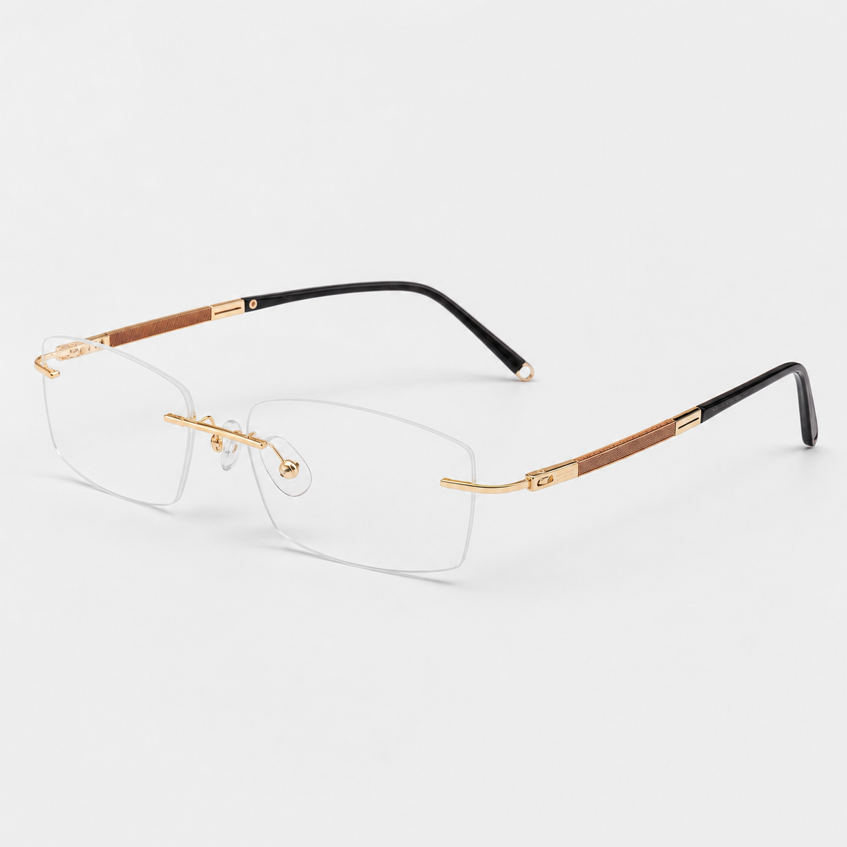 Gold men's titanium rimless rectangular glasses, 45-degree product view