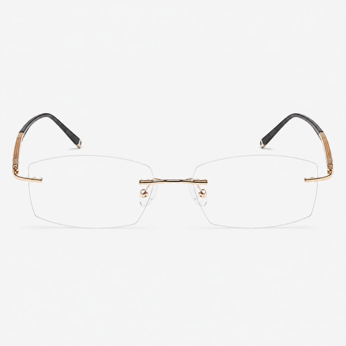 Gold men's titanium rimless rectangular glasses, front product view