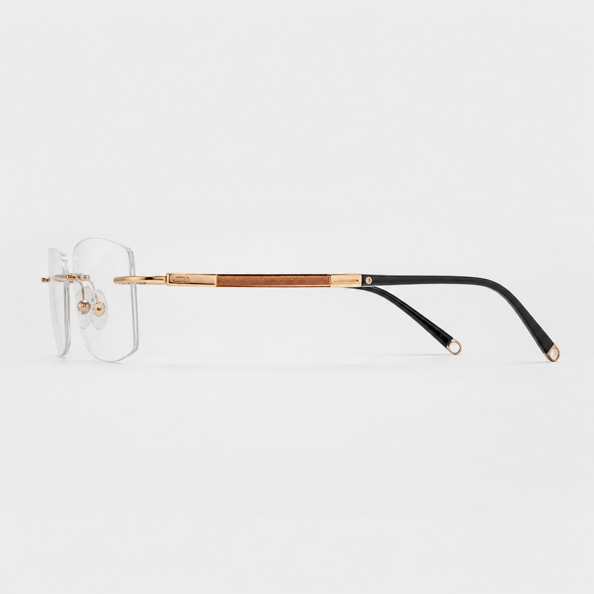 Gold men's titanium rimless rectangular glasses, side product view