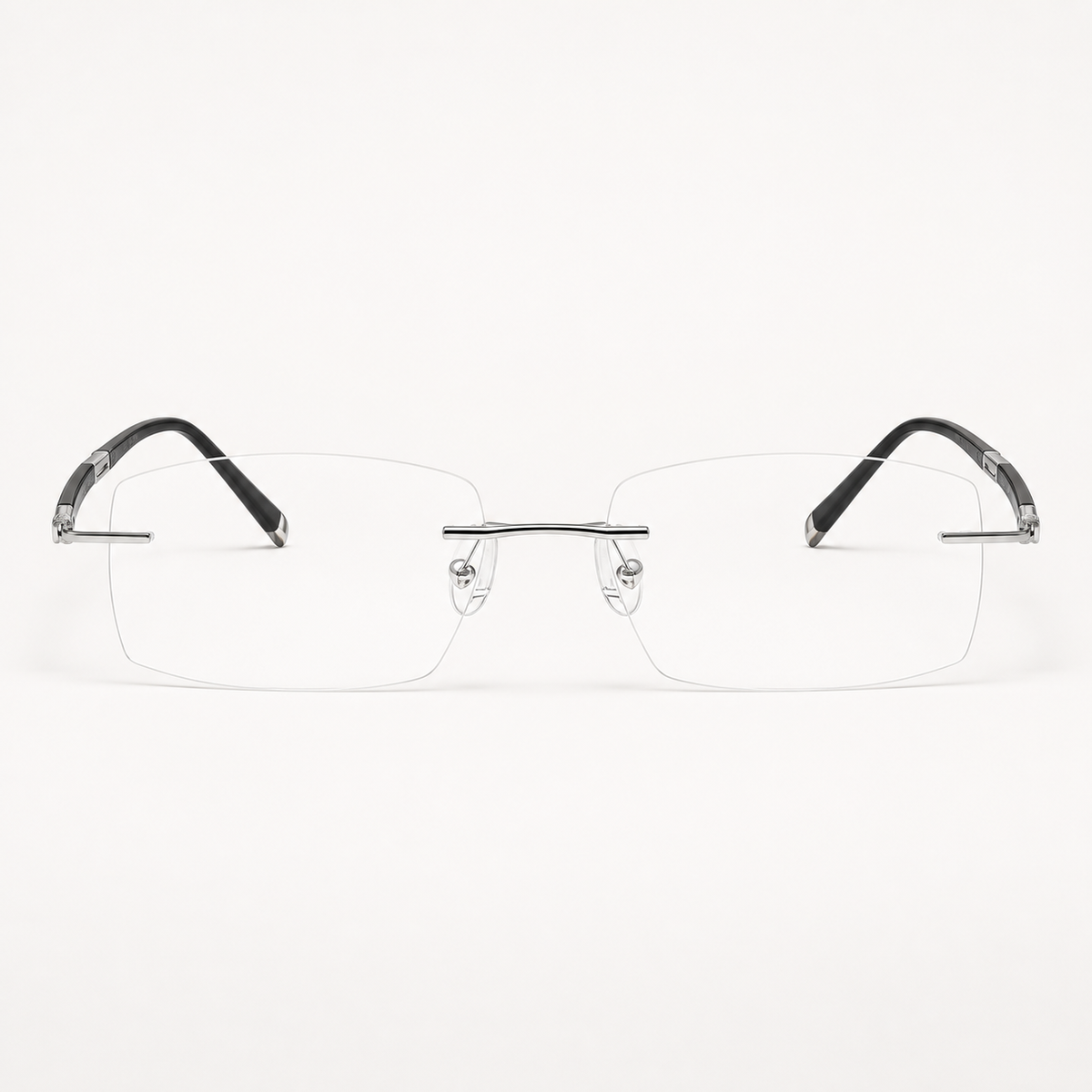 Silver men's titanium rimless rectangular glasses, front product view