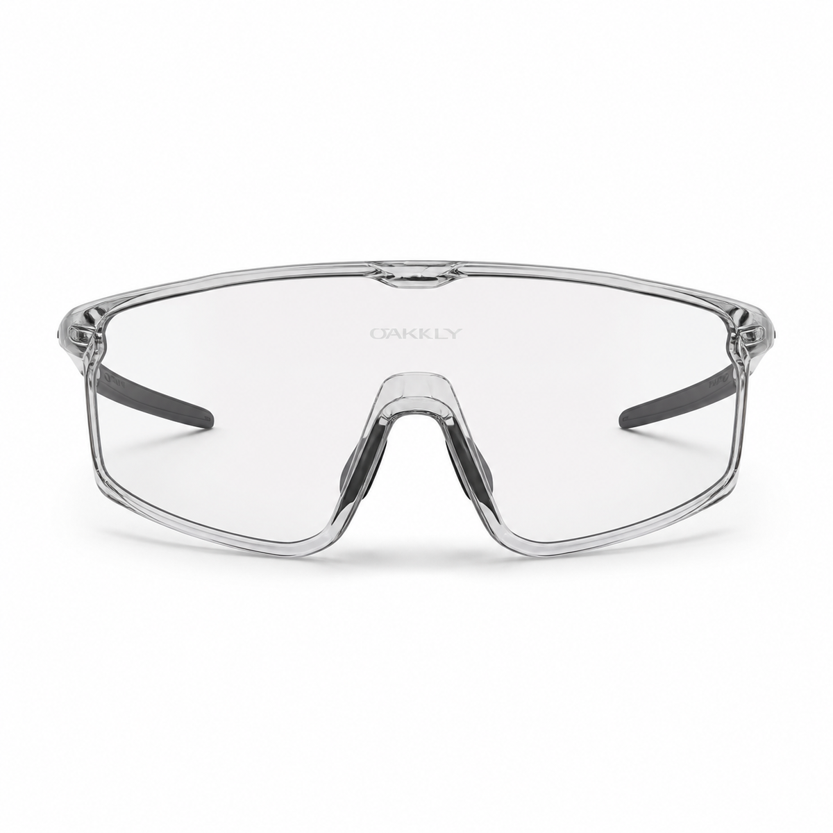 Crystal Grey Frame/Photochromic Grey Lens Unisex TR90 Rimless Shield Cycling Sunglasses, clean front product view