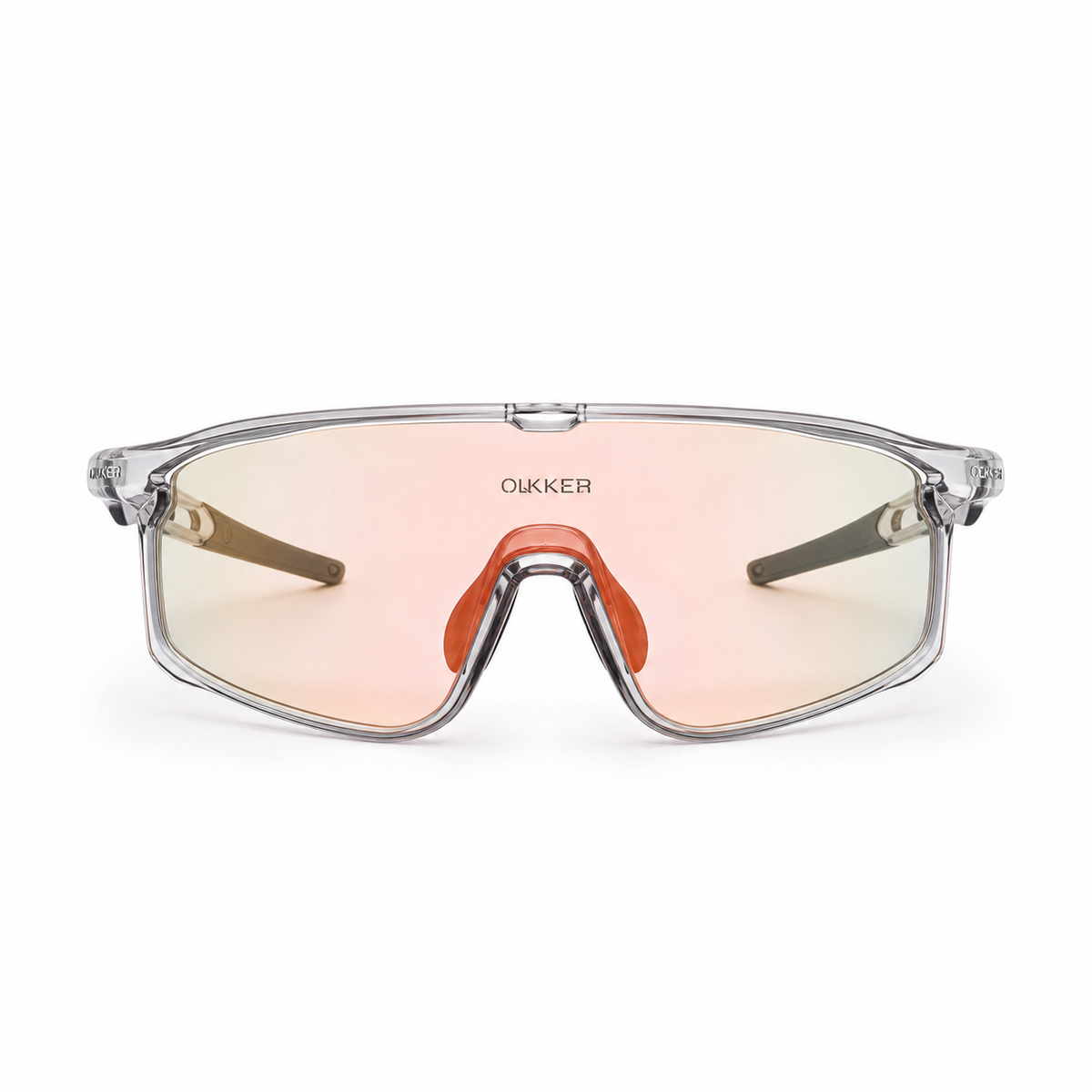 Crystal Grey Frame/Photochromic Red Lens Unisex TR90 Rimless Shield Cycling Sunglasses, clean front product view