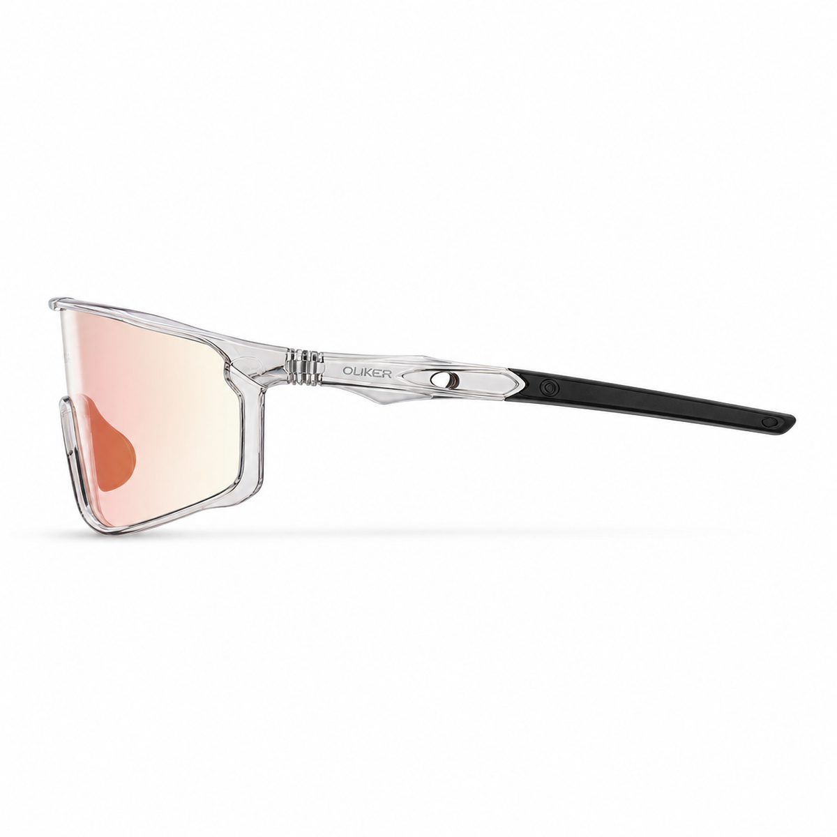 Crystal Grey Frame/Photochromic Red Lens Unisex TR90 Rimless Shield Cycling Sunglasses, side temple product view